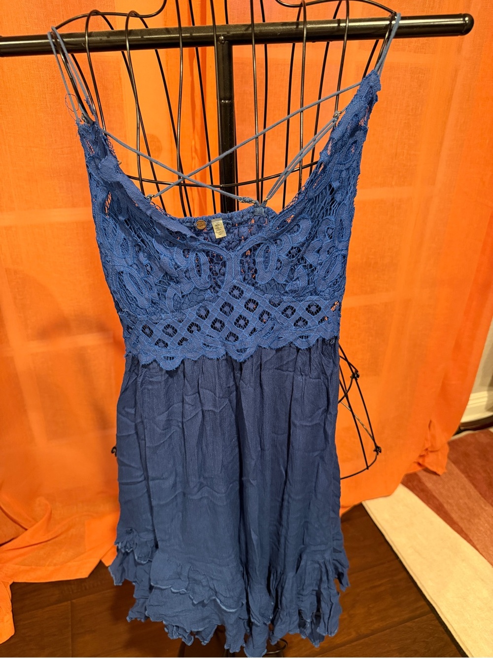 Crocheted Bodice Strappy Mini Dress in Deep Blue